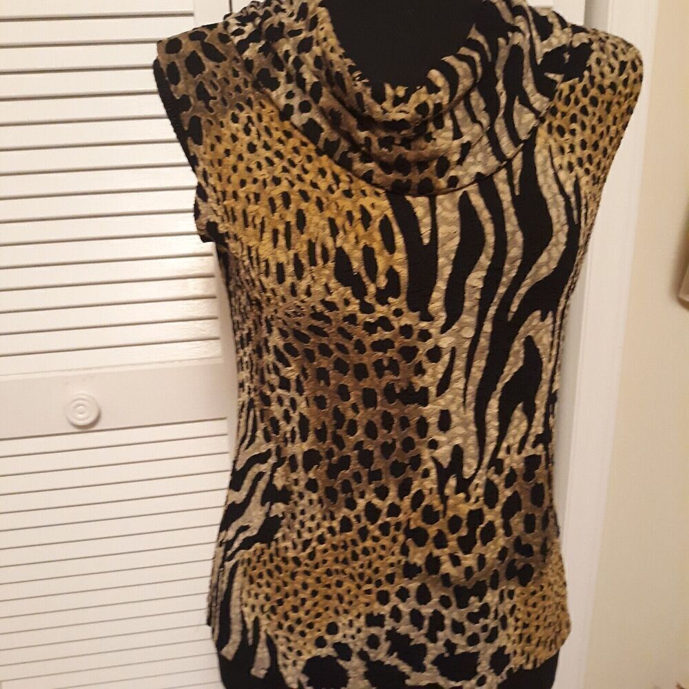 West End Petites Stretch Lace Animal Print Top Sleeveless Cowl Neck Size PS